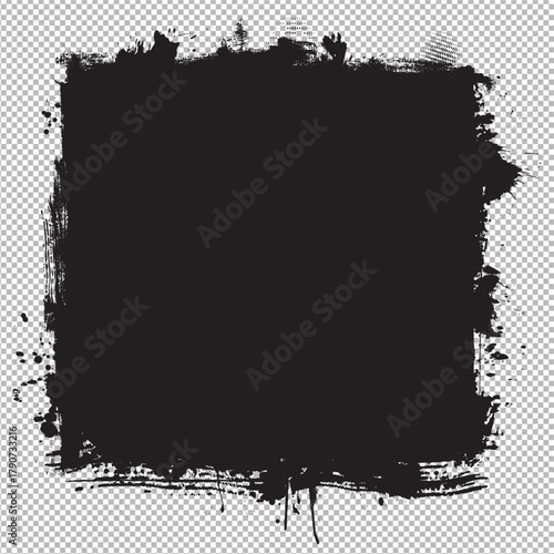 Black Grunge Paint Brush Texture Frame on Transparent Background , Abstract Ink Border, Distressed Grunge Square and Drip Edge Design Element