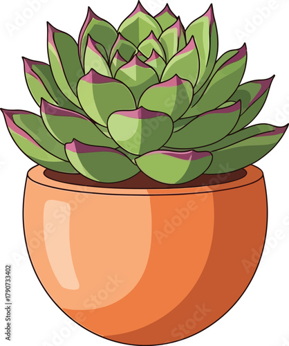 A green succulent plant with purple tips sits in a round orange pot.