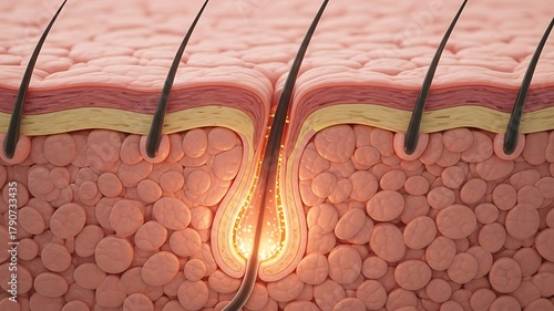 Detailed Cross-Section of Human Skin with Hair Follicle and Redness Highlighting Skin Structure and Hair Growth Processes