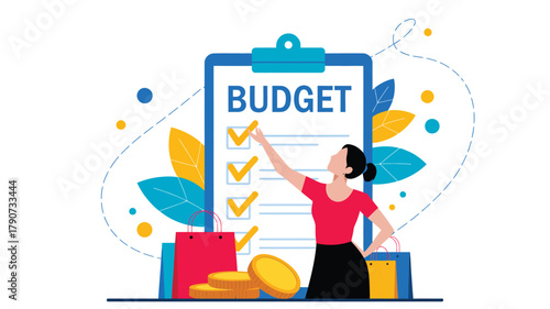 Fotografie budget checklist illustration with person pointing at clipboard, symbolizing fin