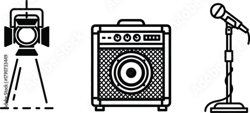 A spotlight, guitar amplifier, and microphone on a stand represent musical performance elements.