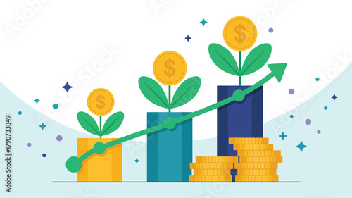 financial growth illustration with upward arrow, coin-topped plants, and bar chart, symbolizing investment success, ROI, and economic progress