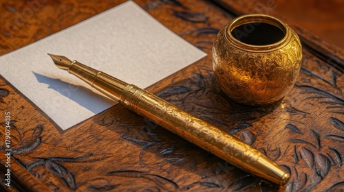 Elegant gold pen and inkwell on a polished wooden surface