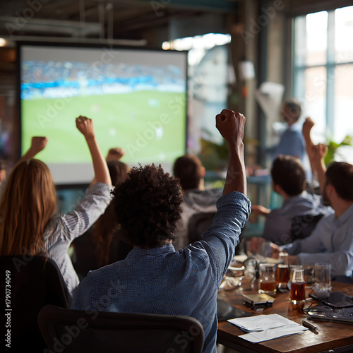 Group of coworkers in an office celebrating a goal during a company event watching the World Cup on a projector screen.