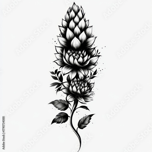 Detailed flower stalk illustration, black and white, tattoo design or botanical art