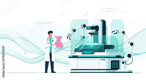Futuristic medicine concept showcasing a doctor examining a 3D printed organ near robotic surgery