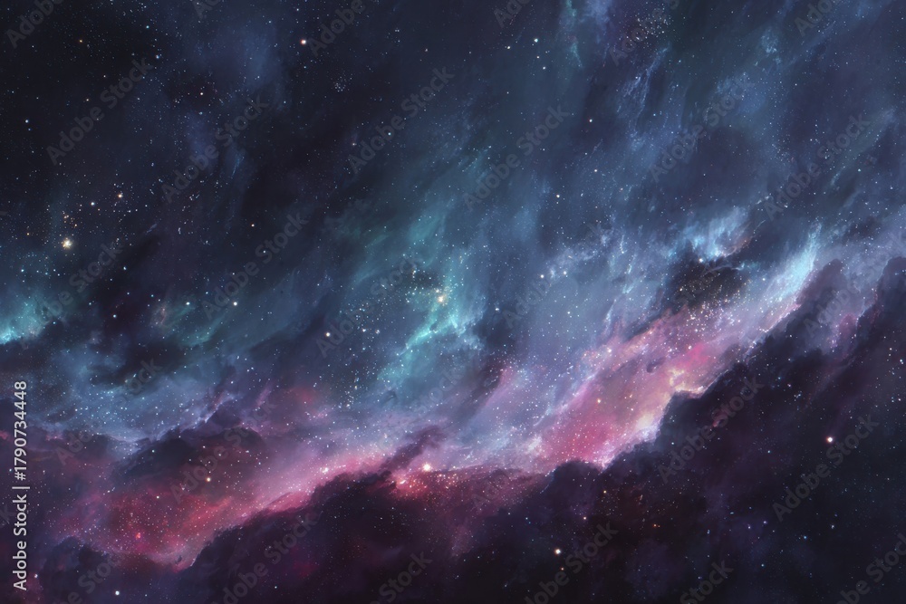 Naklejka premium Cosmic Scene With Vibrant Colors, Deep Dark Background Blending Shades Of Blue And Purple, Gas Clouds Adorned With Bright Hues Of Pink And White, Twinkling Stars Adding Mystery And Beauty
