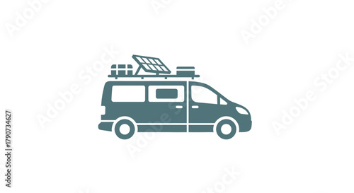 A camper van with solar panels on the roof is depicted in a simple icon.