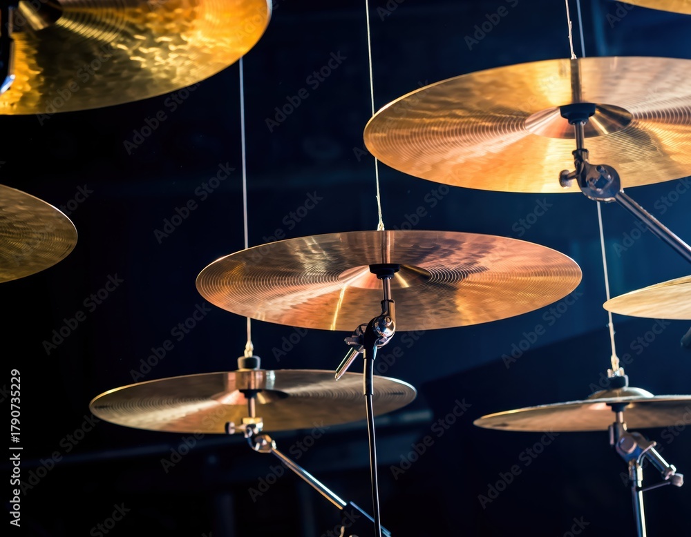 Fototapeta premium Close-Up of Hanging Cymbals in a Dimly Lit Music Setting