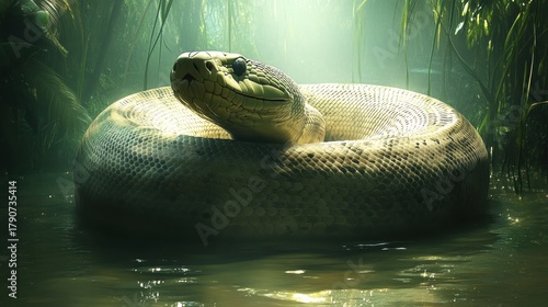 Green Anaconda Basking in Shallow Murky Waters