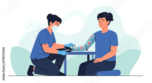 Healthcare professional adjusting advanced prosthetic arm showcases modern technology and medical