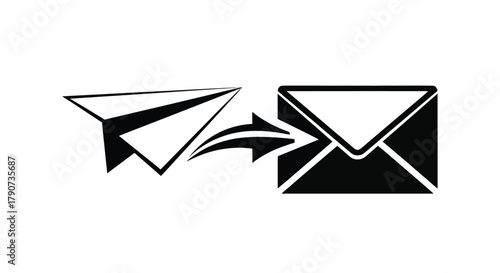 A paper airplane flies into an envelope, symbolizing communication.