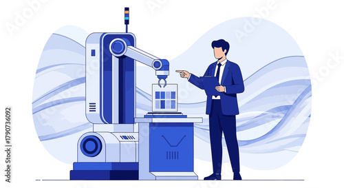 Illustration depicting factory automation with a robotic arm and engineer oversight offering