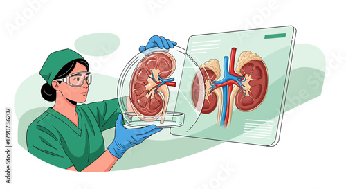Illustration depicting kidney research a scientist holding kidney model and data analysis for