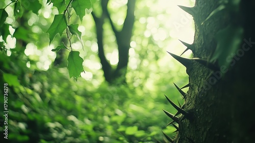 Dense thorny thicket in a sunlit forest scene