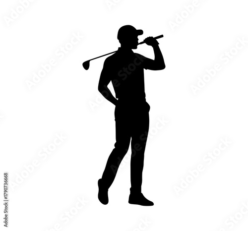 Silhouette of a male golfer holding a club and drinking from a water bottle on a white background