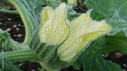 Dew Kissed Zucchini Blossom in Gentle Yellow Hue