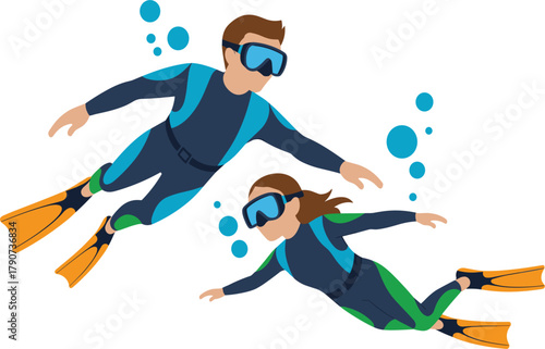 Vector Scuba Diving Couple, Man and Woman Snorkeling Underwater, Wetsuit, Flippers, and Mask Illustration