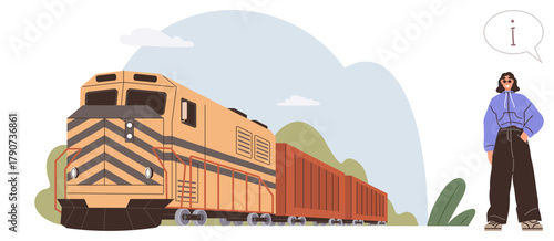 Freight train with locomotive and cargo cars in motion, person with speech bubble sharing info. Ideal for transportation, logistics, travel, railways, communication, information, outdoor concepts