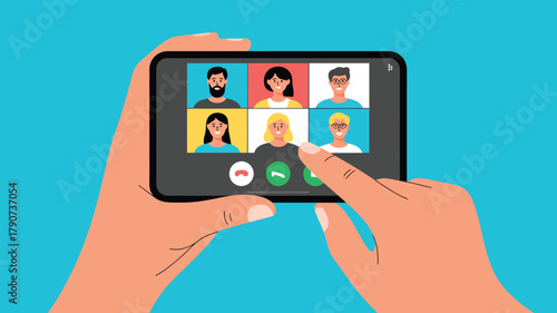 Video call on smartphone with six diverse avatars in grid layout, representing remote communication, virtual meetings, and connectivity