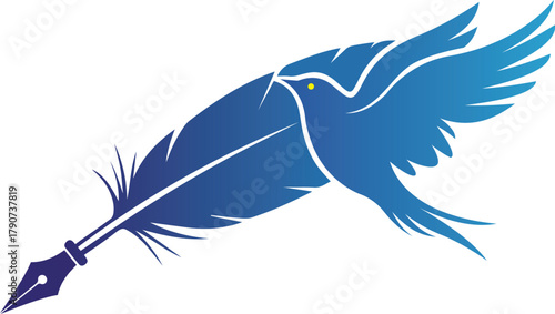 Illustration of feather quill pen with bird