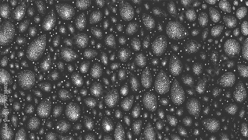 Dark gray background with scattered white circular organic textured shapes and small dots abstract black