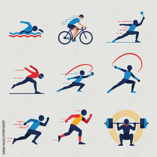 A dynamic graphic displays nine stylized sports icons, illustrating diverse athletic activities including swimming, cycling, running, and weightlifting, ideal for fitness.