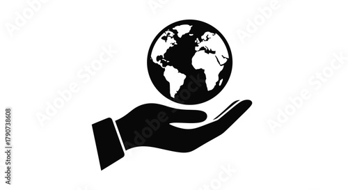 A black silhouette of a hand holding a globe on a white background.