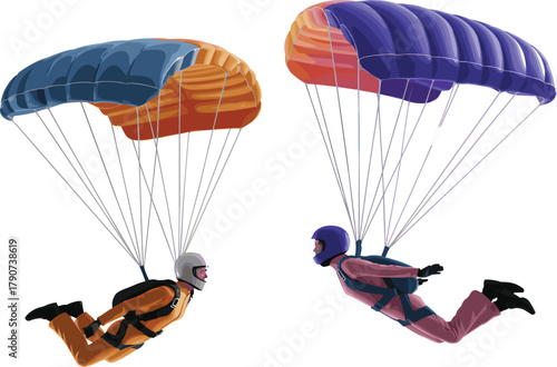Vector Illustration of Two Skydivers Parachuting, Extreme Sport, Adrenaline Adventure, Freefall, and Teamwork Concept