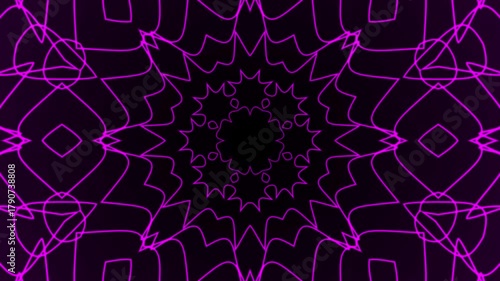 Purple geometric kaleidoscope pattern with abstract design on a black background. Suitable for backgrounds, artistic projects, prints, and digital creations.