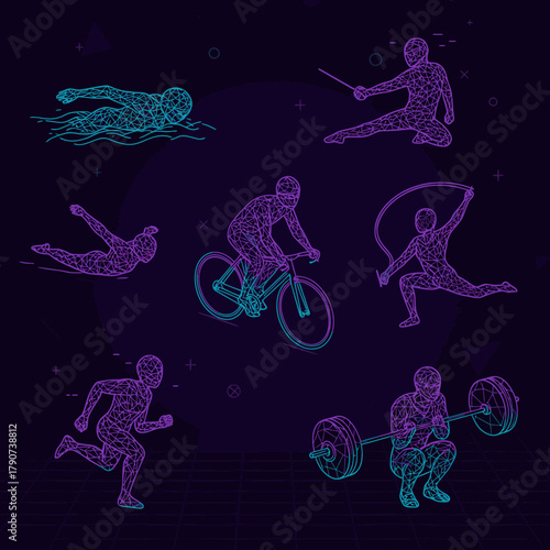 Dynamic low-poly illustrations depict various athletes in motion, blending technology and sports with a modern, geometric design aesthetic on a dark background.