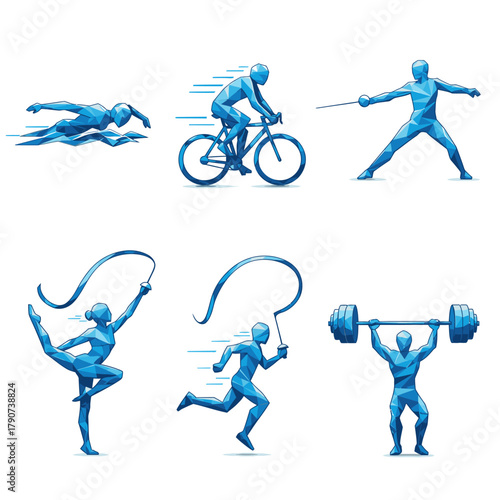 Blue geometric figures dynamically illustrate various athletic disciplines, embodying strength, agility, and the competitive spirit of sports.