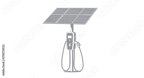 A solar-powered electric vehicle charging station is depicted in a clean, minimalist illustration.