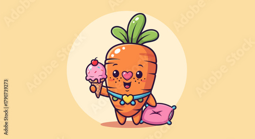 Cartoon carrot character with ice cream and pillow on beige background