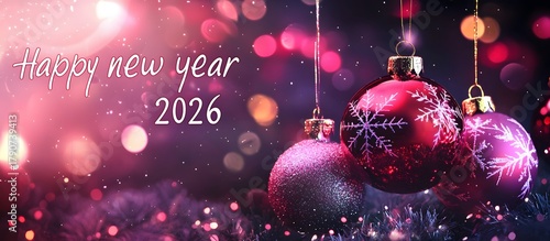 Merry Christmas and Happy New Year 2026. Holiday banner, background with golden 2026 numbers and text in frame with Christmas balls