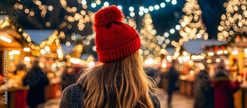 Woman admiring the Christmas lights and decorations at the Christmas market