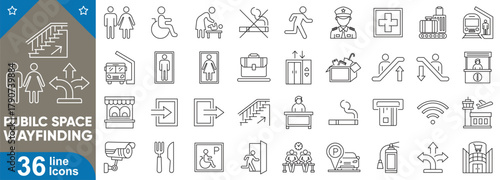 Public space wayfinding vector illustration of a set of icons. Related Information booth, restroom, toilet, family restroom, and more.