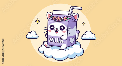 Cartoon cat and milk carton floating in sky with clouds and flowers