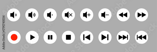 Media player button icons set. Music and video player button: play, pause, next, previous, rewind, fast forward and previous. Action media symbol for app and websites, UI template. Vector illustration