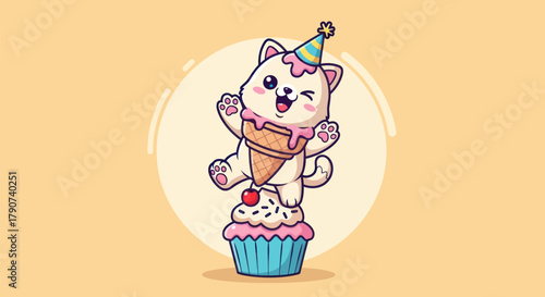 Cartoon cat celebrating with cupcake and ice cream cone party elements