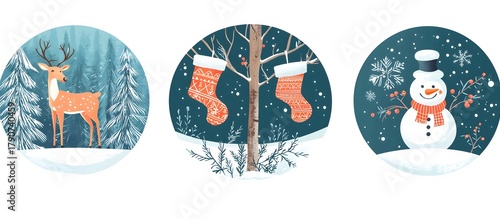 Christmas set with snowman, reindeer and stocking isolated white