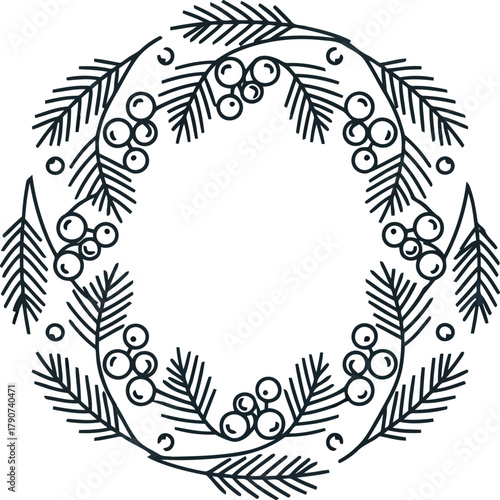 Black outline wreath with pine needles and berries