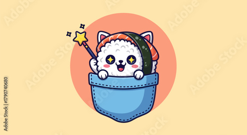 Cartoon cat character in pocket with sushi and magic wand on yellow background
