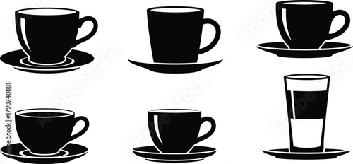 Black silhouette collection of coffee and tea cups with saucers and glass, minimalist vector illustration for café, restaurant, or kitchen design concept