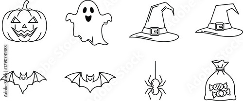 Halloween simple line icon set. Vector pictograms of pumpkin, ghost, witch hat, bat, spider, candy bag, thin linear illustration.
