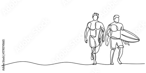 Continuous-line illustration showing two shirtless men walking, one holding a surfboard, capturing a simple beach and surfing vibe.