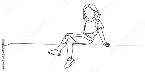 Clean continuous-line drawing of a young girl seated from knees up, resting calmly on an edge, expressing quiet relaxation and simplicity.