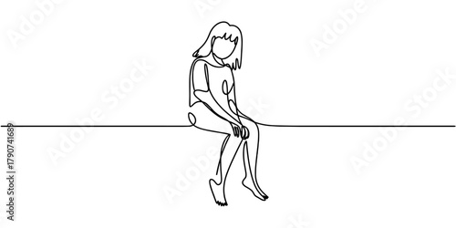 Simple linear illustration of a seated woman looking downward on a ledge, conveying calm reflection, quiet emotion, and minimalist
