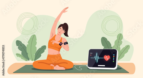 Woman doing yoga while monitoring her heartbeat with a modern technology device application