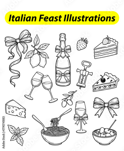 food and drink icons (Italian),
Italian Feast Illustrations,
Whimsical Hand-Drawn Line Art of Food, Drinks, and Celebration